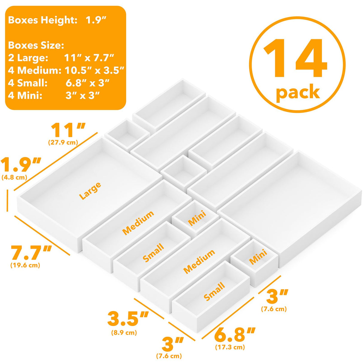 SpaceAid 14-Piece Bamboo Drawer Organizer Storage Boxes Set, Wood Tray Junk Drawer Organizers Multi-Use Divider Bins for Kitchen, Bathroom, Office Desk and Makeup Organization (14 Pack, White) SpaceAid