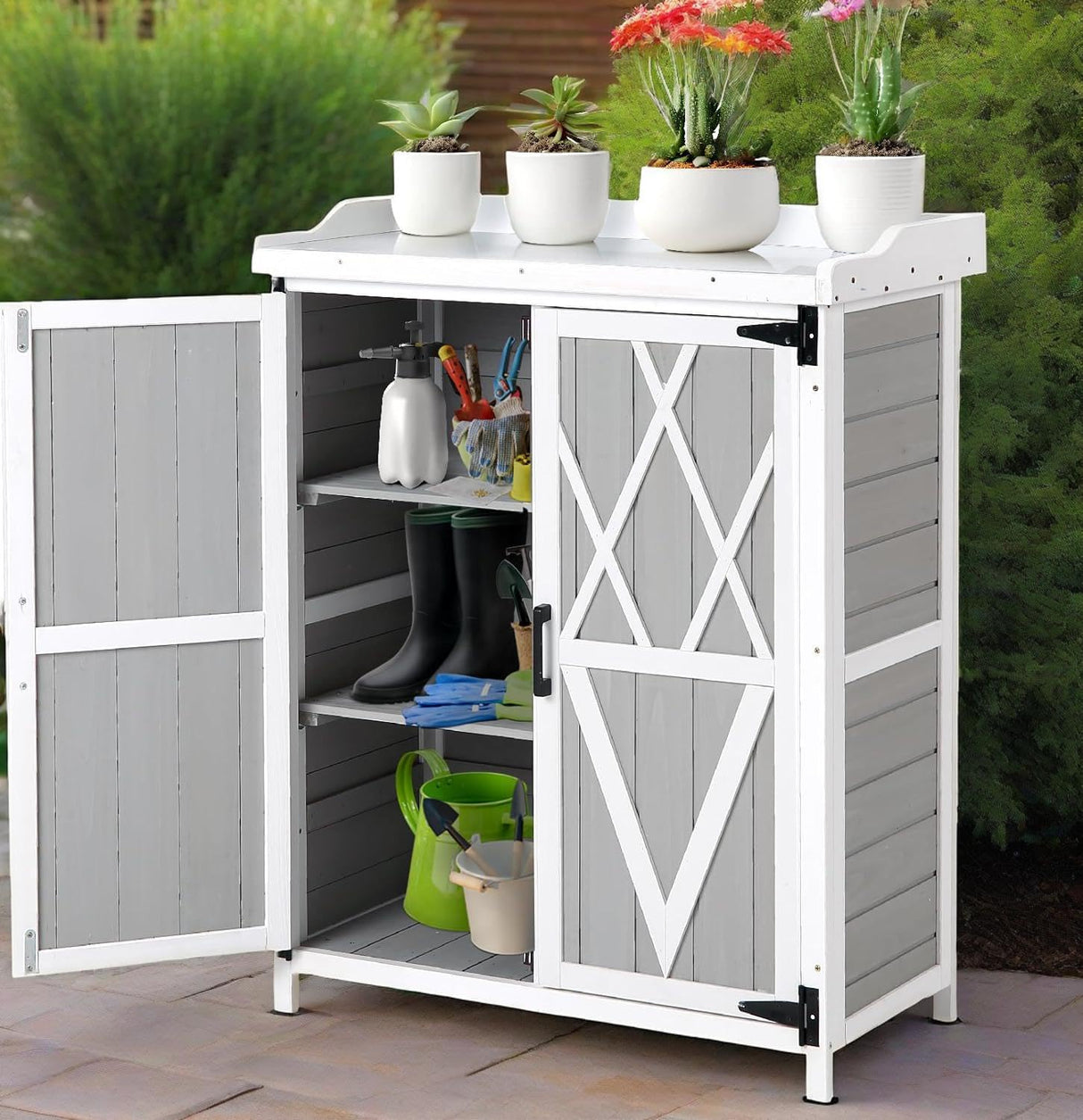 Outdoor Cabinet with Metal Tabletop Garden Potting Bench Table - Outdoor Garden Patio Wooden Storage Cabinet with Adjustable Shelf, Wooden Storage Cabinets, Weatherproof for Garden Patio Lawn EcoSummer