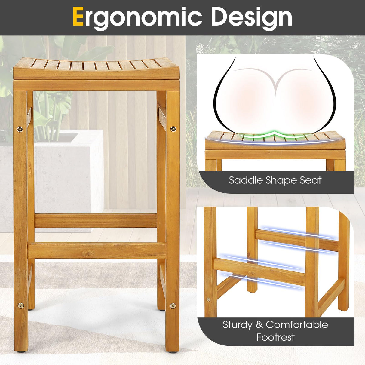 Tangkula 5-Piece Outdoor Acacia Wood Bar Set with High Top Table and Saddle Seat Stools Tangkula