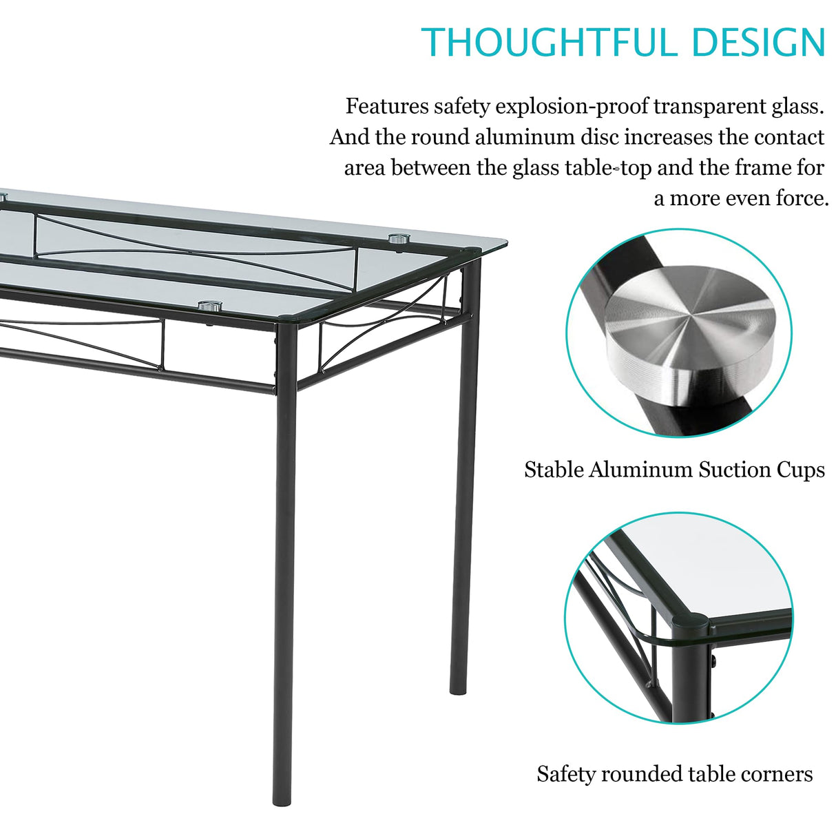 VECELO 5-Piece Kitchen Dining Table Set, Glasses Tabletop & Heavy-Duty Metel Frame, Rectangle Dinette with 4 Chairs for Small Space, Breakfast Nook, Glasses & Black VECELO