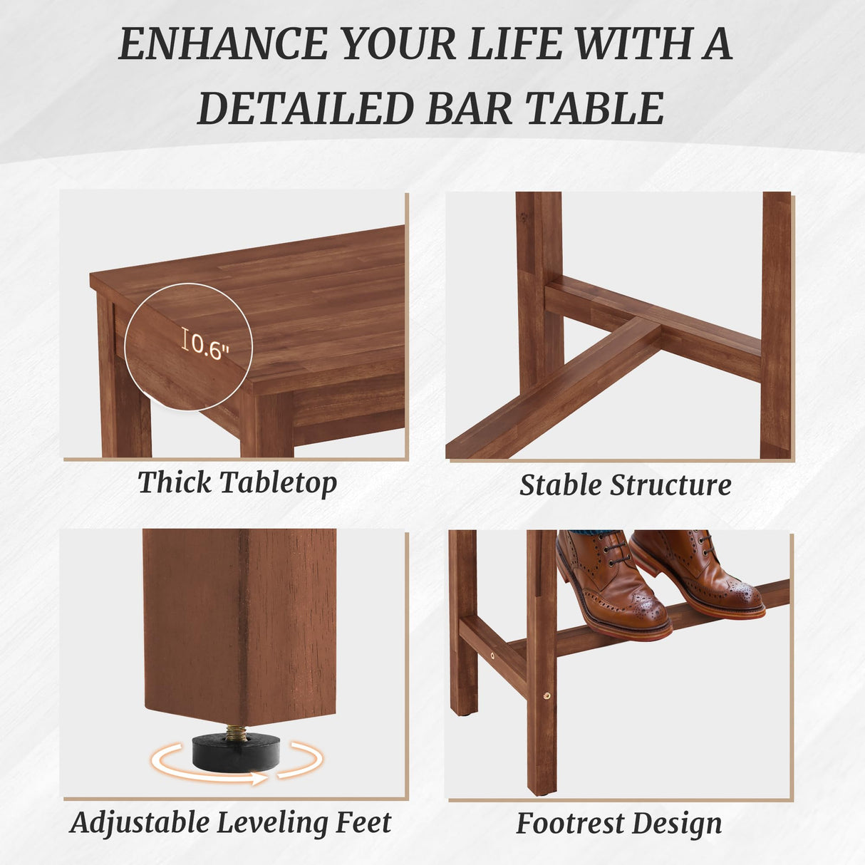 Cozyman 45-Inch Acacia Wood Counter Bar Table – Stylish Teak Brown High Top for Indoor & Outdoor Use Cozyman