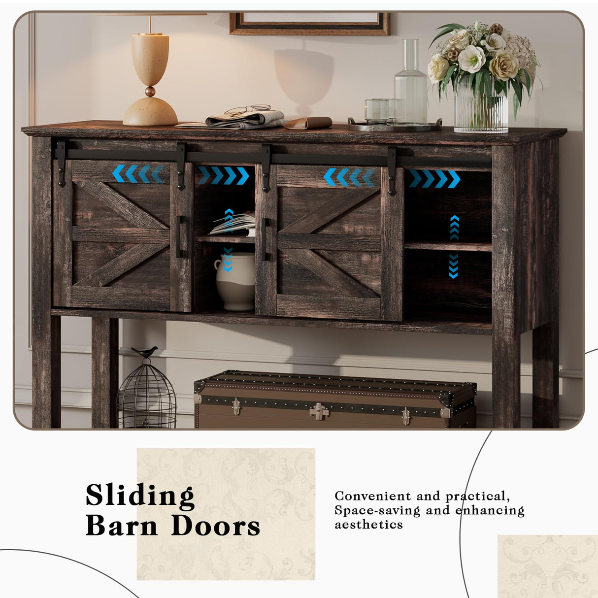 LUXOAK Farmhouse Entryway Table with Sliding Barn Doors, 46" Sofa Table for Living Room, Console Table with Storage, Dark Rustic Oak LUXOAK