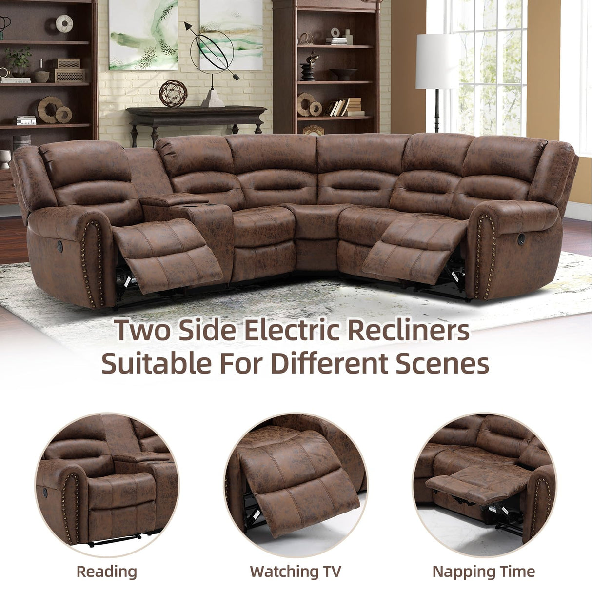EBELLO L-Shaped Power Reclining Sectional Couch for Living Room, Faux Leather Recliner Sofa Set Corner Sectional Couch Home Furniture Set, with Storage Console and Cup Holders, USB Port, Coffee Brown EBELLO