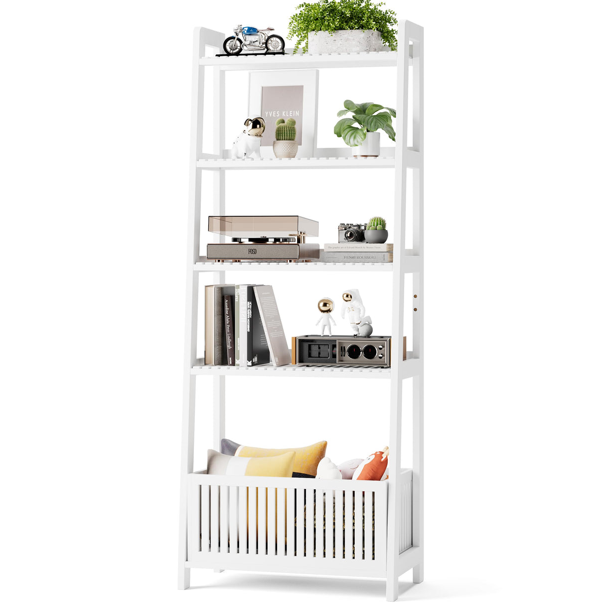 Bamjoy White Bamboo Shelf, Ladder Bookshelf with Storage, Display Shelf Tall Bookshelf Bookcase with Basket for Home Office, 66" H Bamjoy