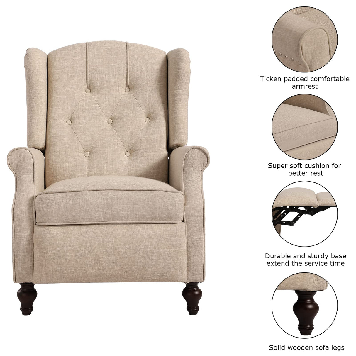 B BAIJIAWEI Set of 2 Recliner Wingback Chairs - Tufted Arm Chairs with Massage, Heat & Remote Control - Fabric Push Back Recliner with Heating Function, Adjustable Backrest (Beige) B BAIJIAWEI