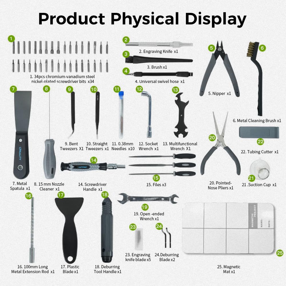 Creality Official 3D Printer Tools Kit, 74 Pcs in 1 3D Printing Tool Wrap Kit Assembly/Removal/Finishing/Deburring/Filament Cutting Tool with Nozzle Cleaning Kit for All FDM Printers Creality