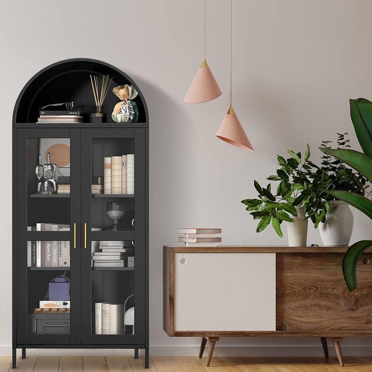 EcoSummer 73" Modern Farmhouse Arched Storage Cabinet, Metal Frame Glass Doors, 2 Adjustable Shelves, Versatile Pantry, Living Dining Room Organizer EcoSummer