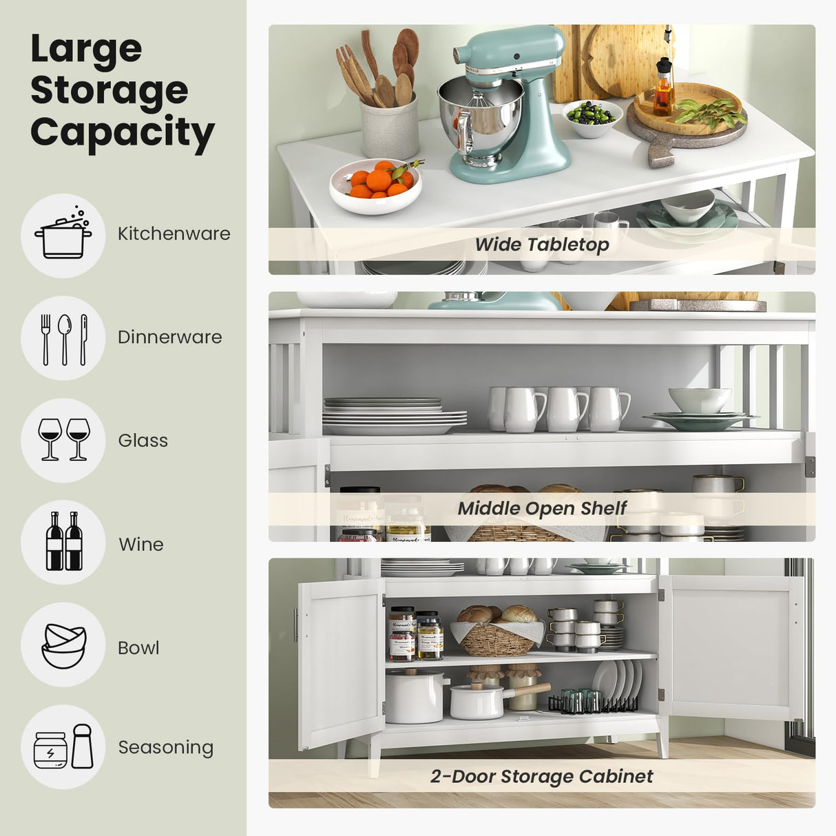 LOKO Buffet Cabinet with Storage, Freestanding Kitchen Cabinet with Adjustable Shelf, Storage Sideboard Console Table, 45 x 20 x 36 inches (White) LOKO