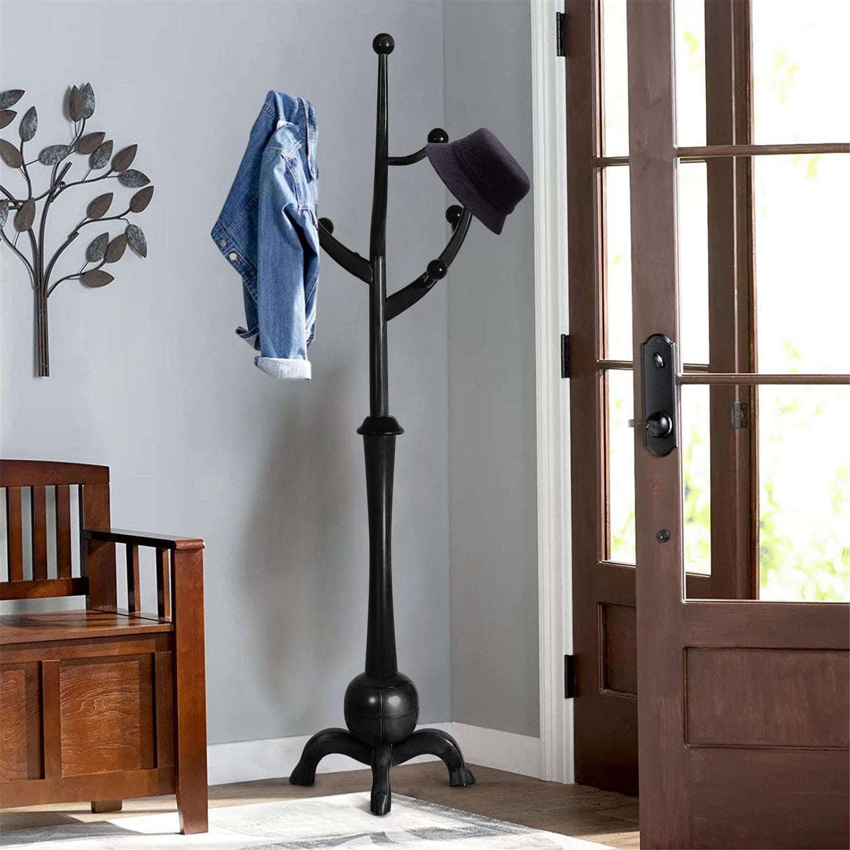 Heavy Duty Coat Rack Freestanding Wood Tree Rack with 8 Hooks, Unique Design Tree Branch-look, Premium Coat Tree Clothes Hanger Stand with Sphere Base for Entryway, Hallway, Bedroom-Load 160lbs Black Bekrvio