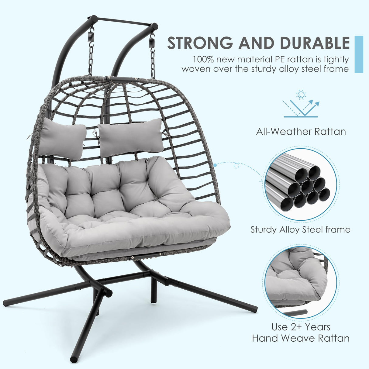 Brafab Double Swing Egg Chair with Stand, Large Hand-Woven Wicker Rattan Hanging Egg Chair for 2 People, Porch Hammock Swing Loveseat with Thick Cushion and Sturdy Steel Stand for Indoor Outdoor Brafab