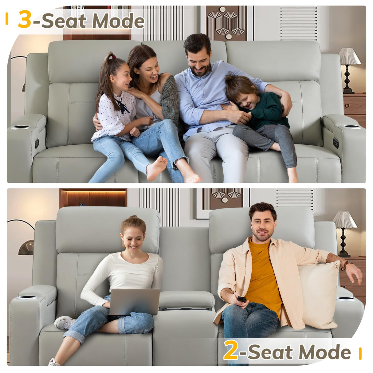 P.H.Furn Power Recliner Sofa, Home Theater Seating with Adjustable Headrest, Blue LED Lighting, Reclining Loveseat, Flip-Up Backrest Storage, Multi-Port Charger, Cup Holder, USB P.H.Furn