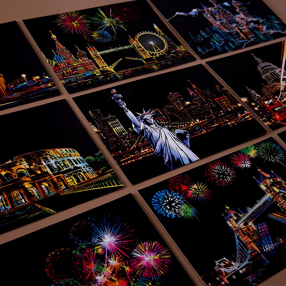 Magic Scratch Art Paper, Mini Envelope Postcard, Rainbow Night View Scratchboard for Adults and Kids, Art & Crafts Set : 16 Sheets Scratch Cards & 8 Tools Drawing Pen, Brush (Travel Around The World) M MUGIT