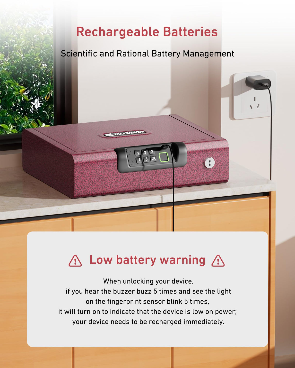 Gun Safe,Biometric Gun Safe for Pistols 3-Ways unlock Fingerprint Digital PIN Key Unlock with Sound, Lock box for Cloakroom living room Bedroom Nightstand and Car BILLCONCH - Burgundy Red BILLCONCH