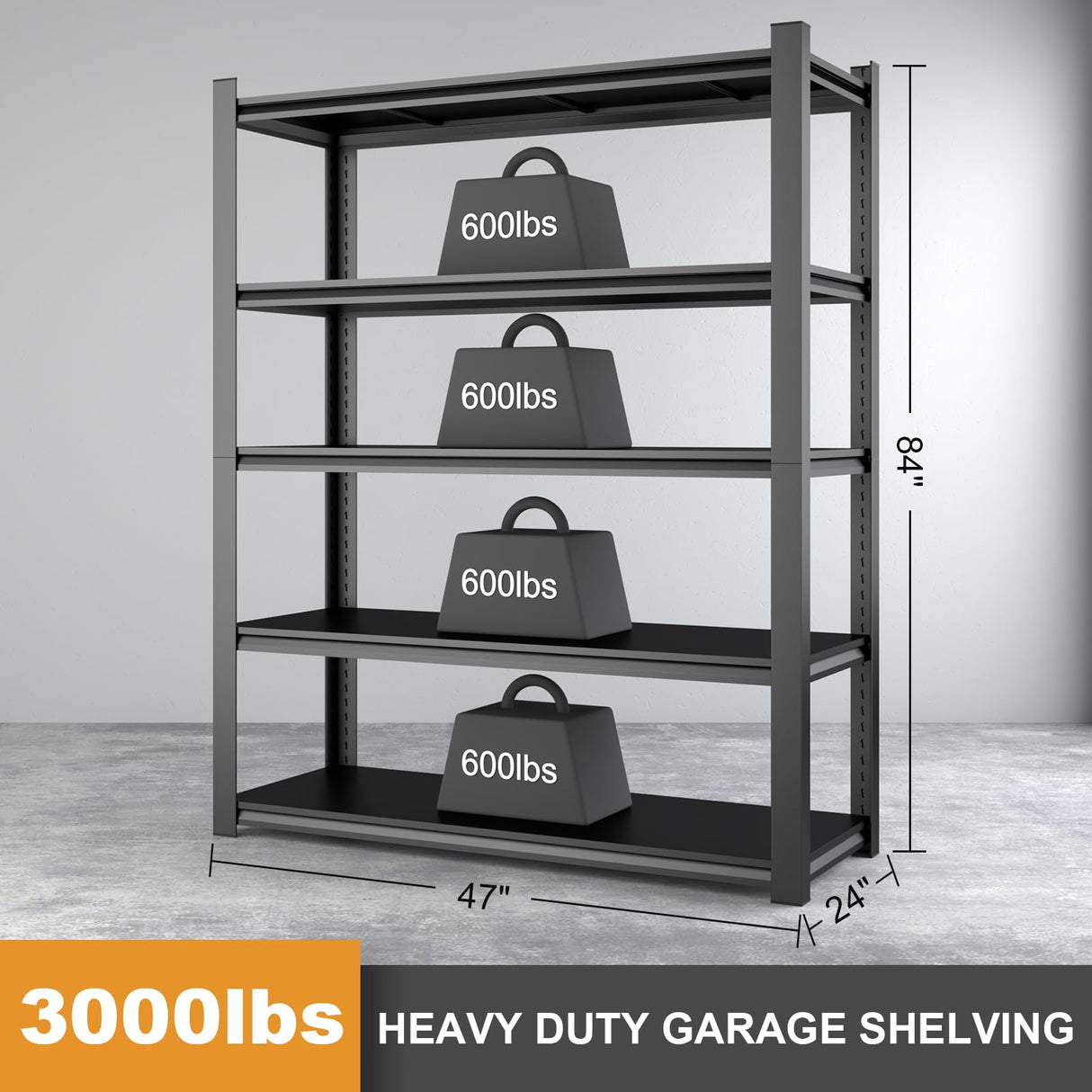 STEELIST 3000LBS Garage Shelves, 48W Metal Shelves for Storage, 5-Tier Shelving Unit with Adjustable Shelves, 24" D X 47.2" W X 84" H Industrial Shelving Utility Shelf for Warehouse, Basement STEELIST