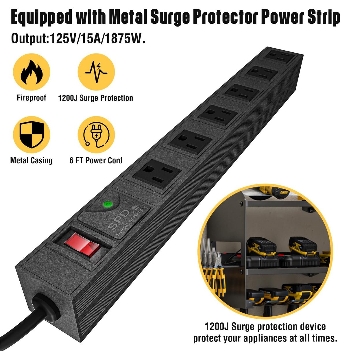 YYR Power Tool Organizer with Charging Station Wall Mount, Cordless Drill and Battery Holder for Garage Organization, Electric Tools Storage Rack Build in Surge Protection Power Strip - Black Shelf YYR