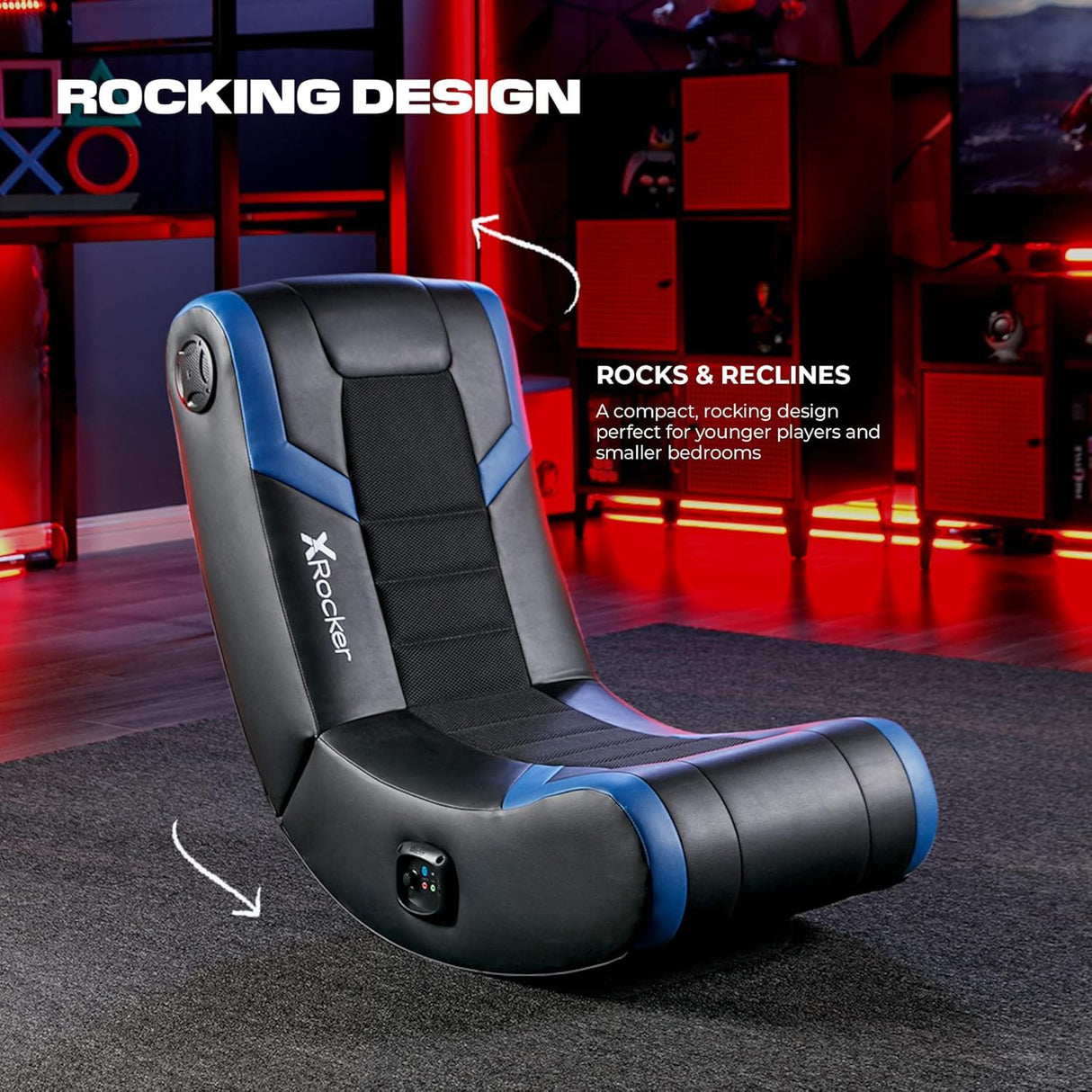 X Rocker Eclipse Video Gaming Floor Chair with Built-In Headrest Speakers, Wireless Bluetooth, Foldable, Vegan Leather, 275 lbs Max, Amazon Exclusive, Black and Blue X Rocker