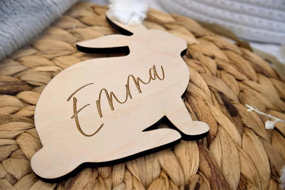 Personalized Easter Bunny Rabbit Basket Tag, Engraved Bunny-Shaped Wooden Placecard Name Tag For Kids Obsidian Home Creations