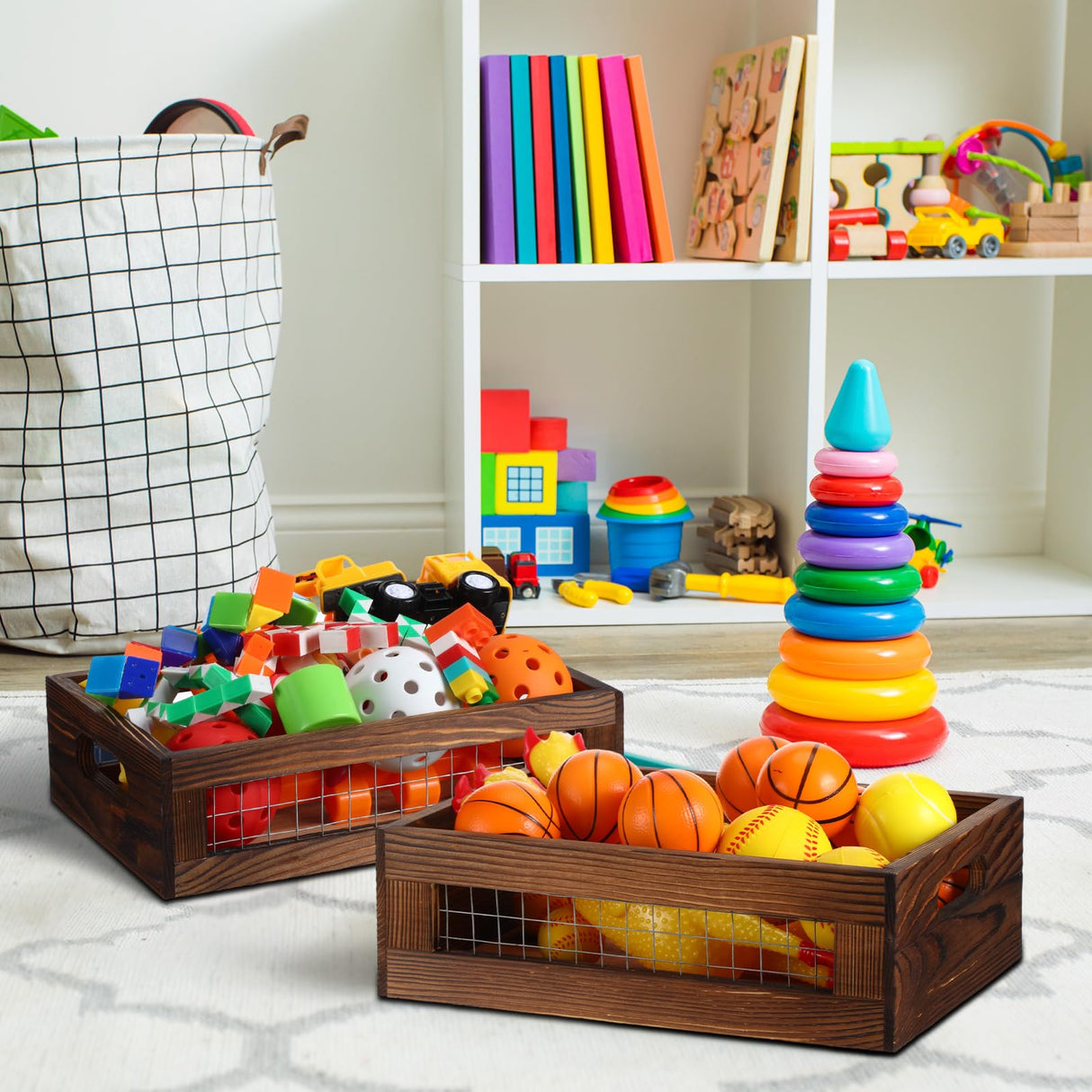 FillTouch 4 Pcs Wooden Nesting Countertop Baskets Set 4 Size Wooden Storage Box with Handles and Metal Wire Multipurpose Wood Organizer Crate for Fruit Vegetable Kitchen Cabinet Bathroom(Walnut) FillTouch