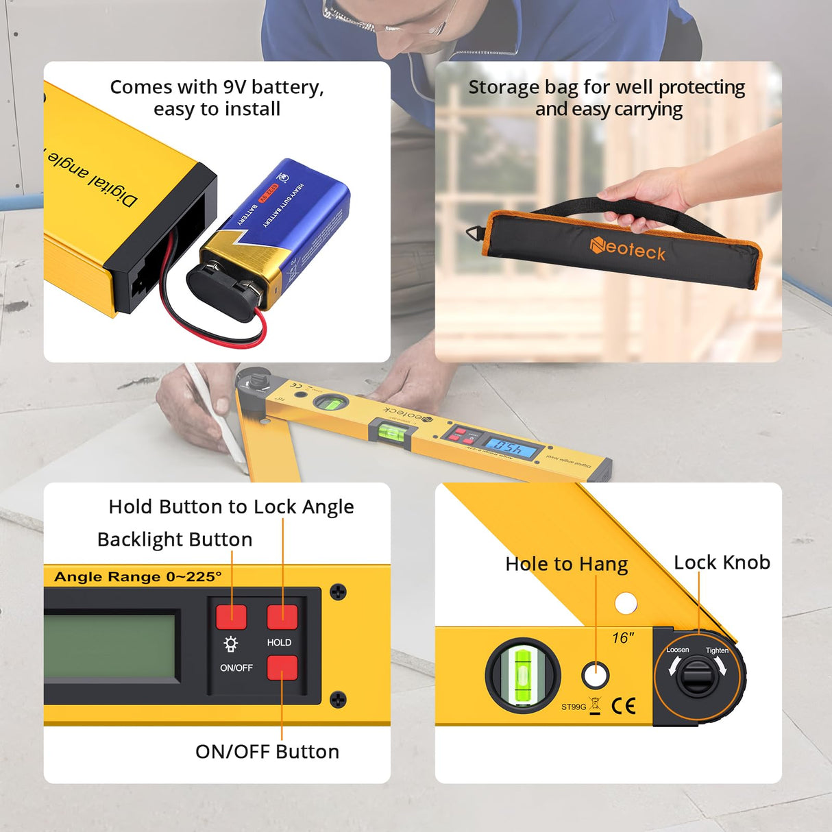 Neoteck 225° 16 inch Digital Angle Finder Aluminum Protractor with LCD Backlight Digital Angle Measuring Tool with Horizontal and Vertical Bubble for Woodworking, Construction, Machinery - Golden Neoteck