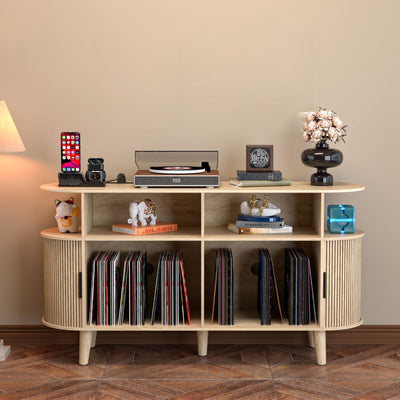 LUVIOHOME Large Round Record Player Stand with Charging Station & USB Ports,Record Storage Cabinet, Mid Century Modern Turntable Stand for Bedroom Living Room (Oak)