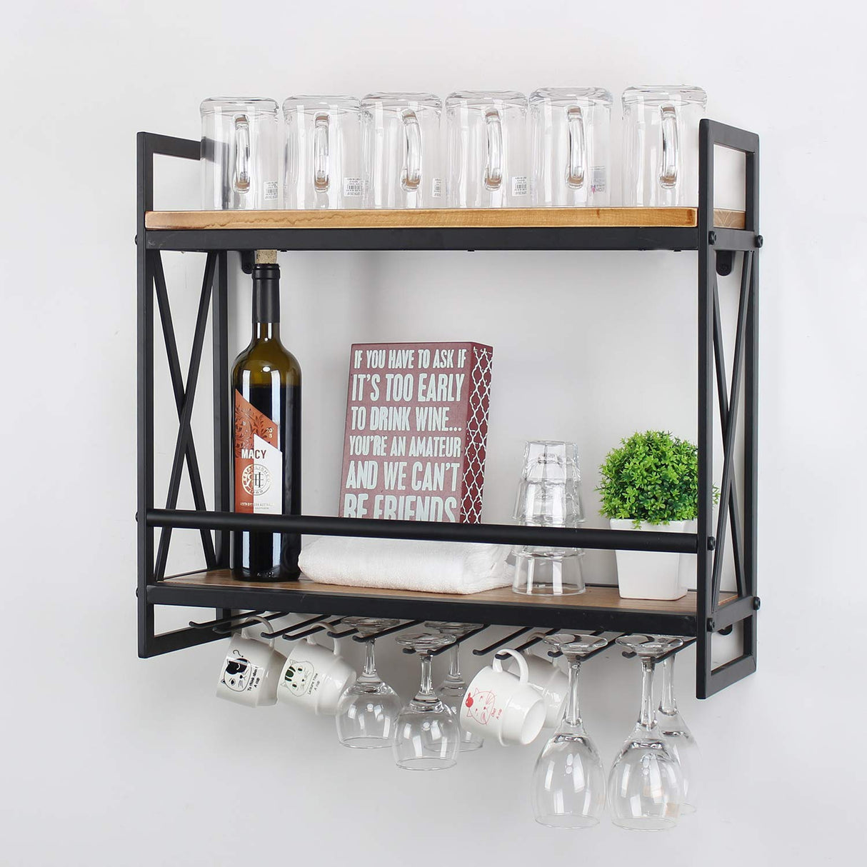 MBQQ Rustic Wall Mounted Wine Racks with 6 Stem Glass Holder,23.6in Industrial Metal Hanging Wine Rack,2-Tiers Wood Shelf Floating Shelves,Home Room Living Room Kitchen Decor Display Rack MBQQ