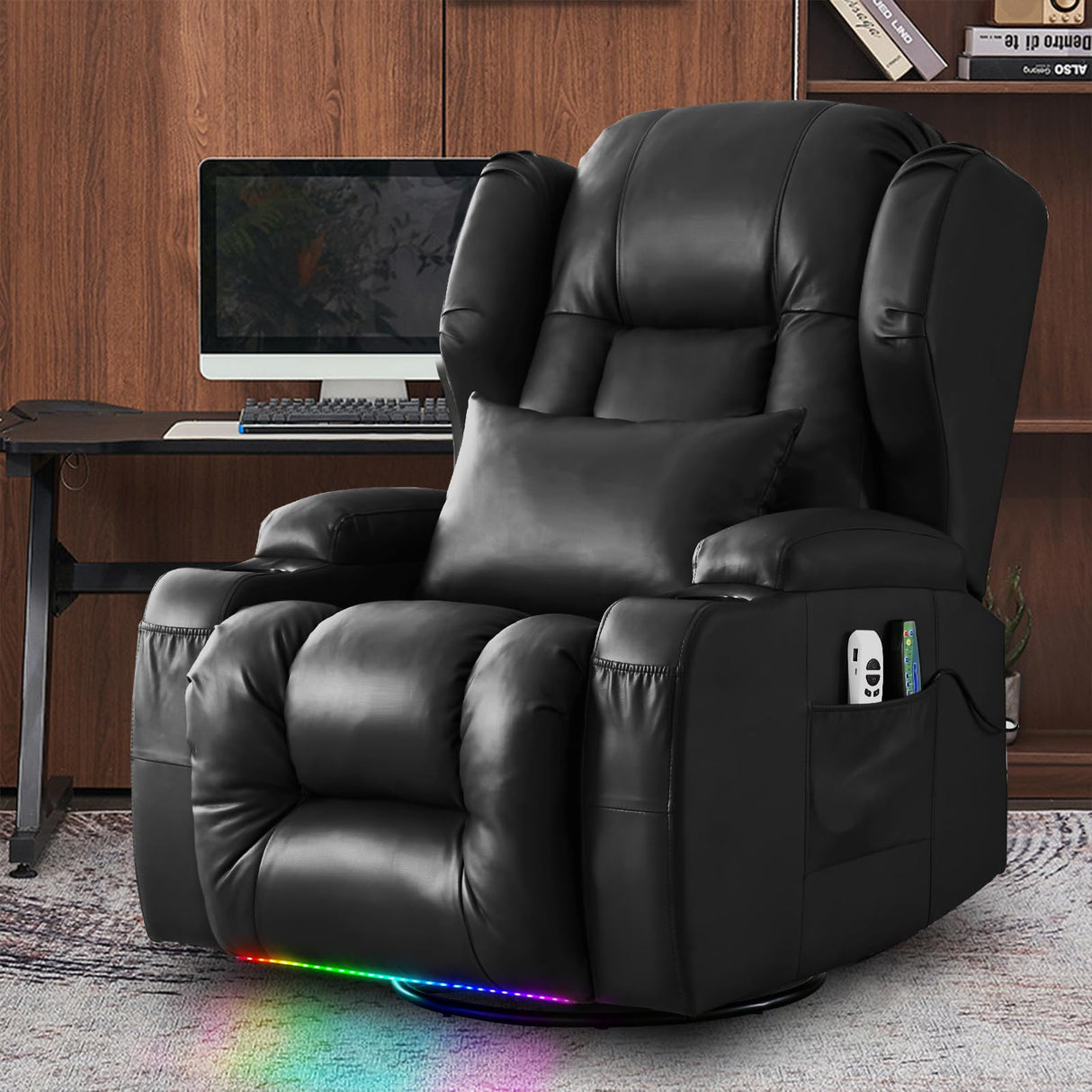 Oprisen Power Swivel Rocker Recliner Chair Home Theater Seating Electronic Glider Chair Upholstered Movie Gaming Reclining Sofa w/Heat Massage/LED Light/USB Port/Cup Holders/Pockets Oprisen