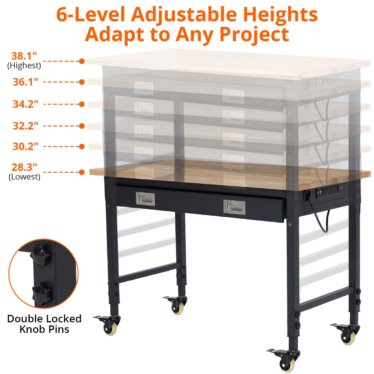 48 Inch Workbench, Adjustable Work Bench with Drawers, Garage Workbench, 2000 Lbs Capacity Rubber Wood Top, Heavy-Duty Rolling Work Benches for Workshop Warehouse Euker