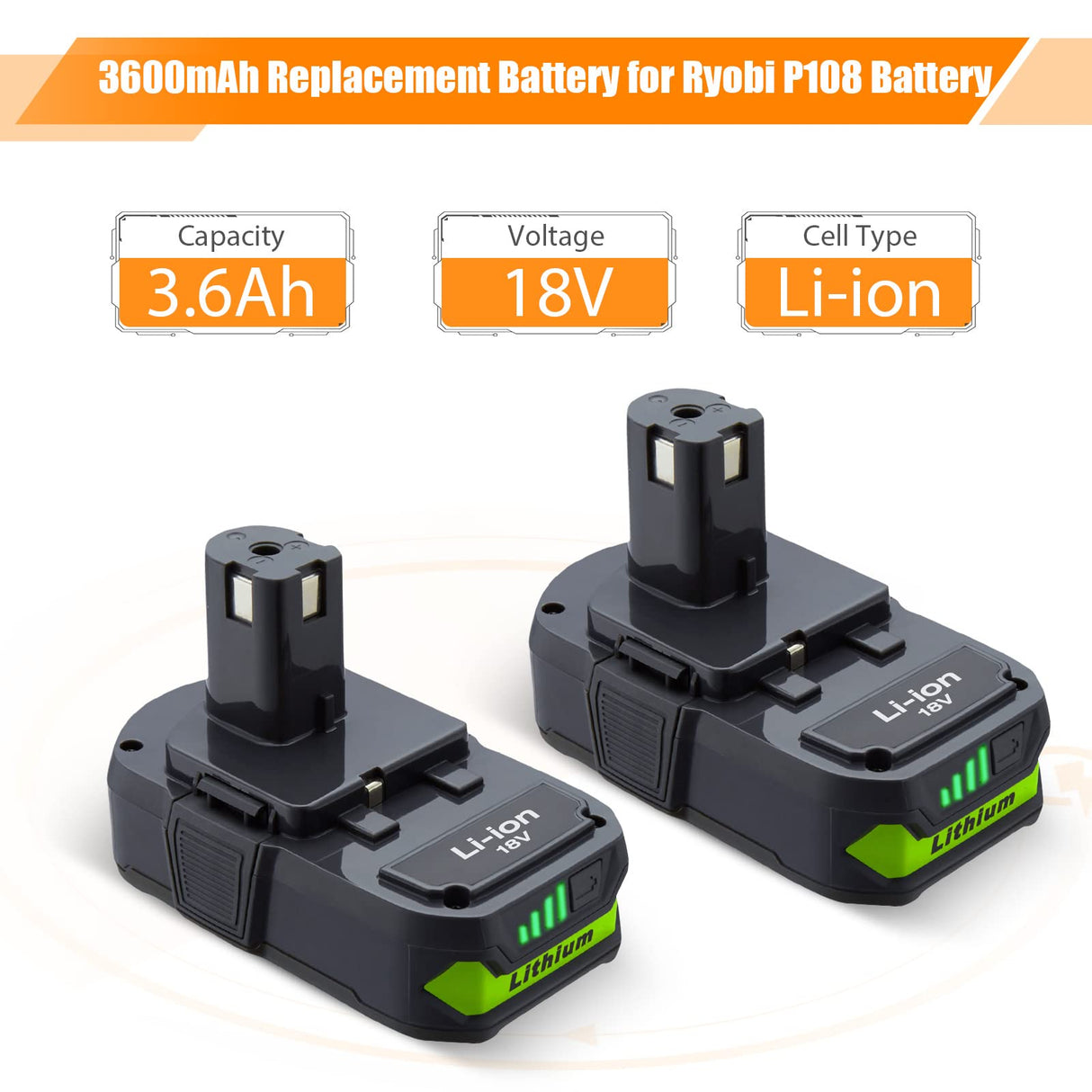 LORDONE 2Pack 3600mAh P108 Battery Compatible with Ryobi 18V Lithium Battery ONE+ P102 P103 P104 P105 P107 P108 P109 P190 P191 P122 Cordless Tool Battery LORDONE