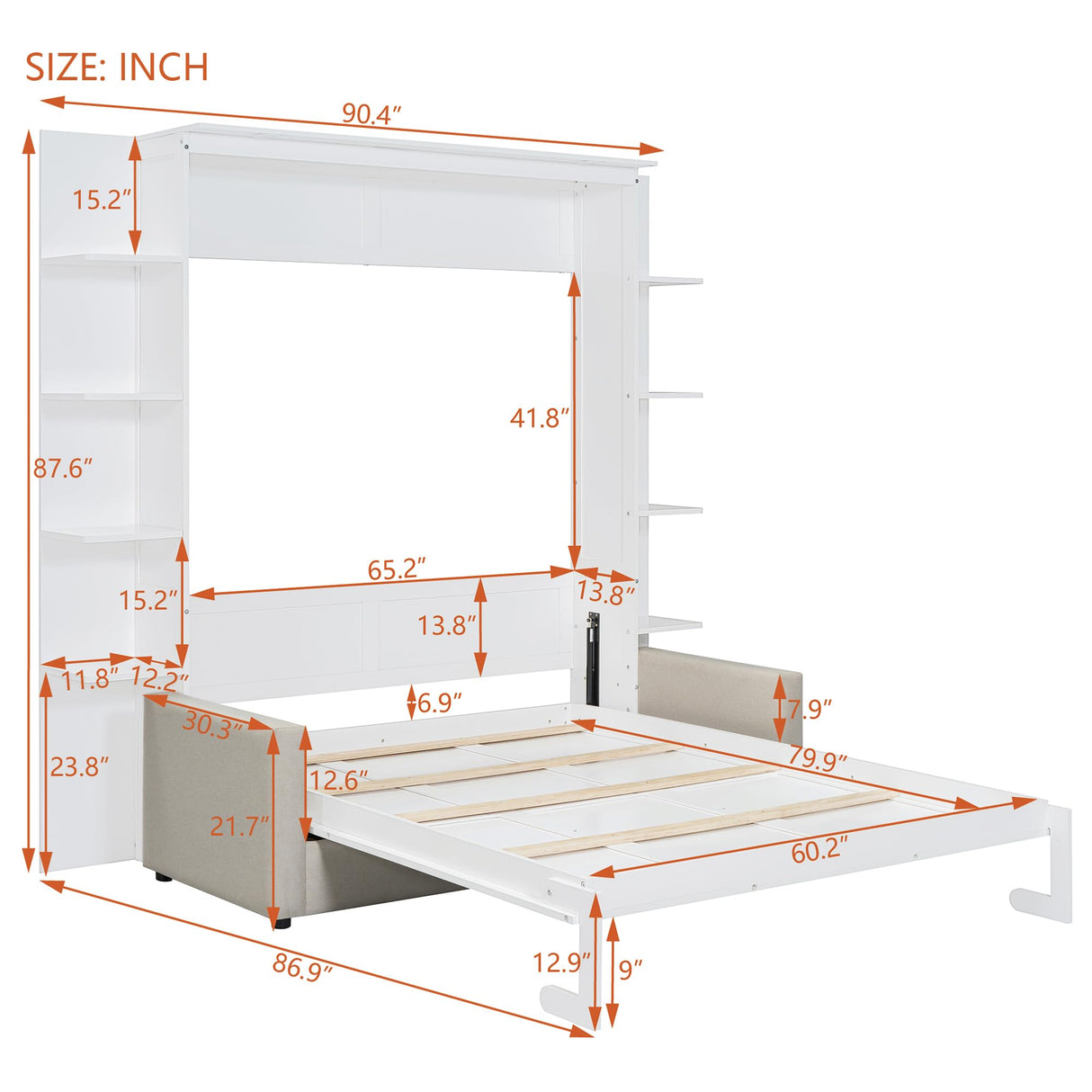 P PURLOVE Queen Size Murphy Bed with Sofa, Wall Bed with Wood Slat Support, Space-Saving Folding, No Box Spring Needed, Easy Assembly, White P PURLOVE