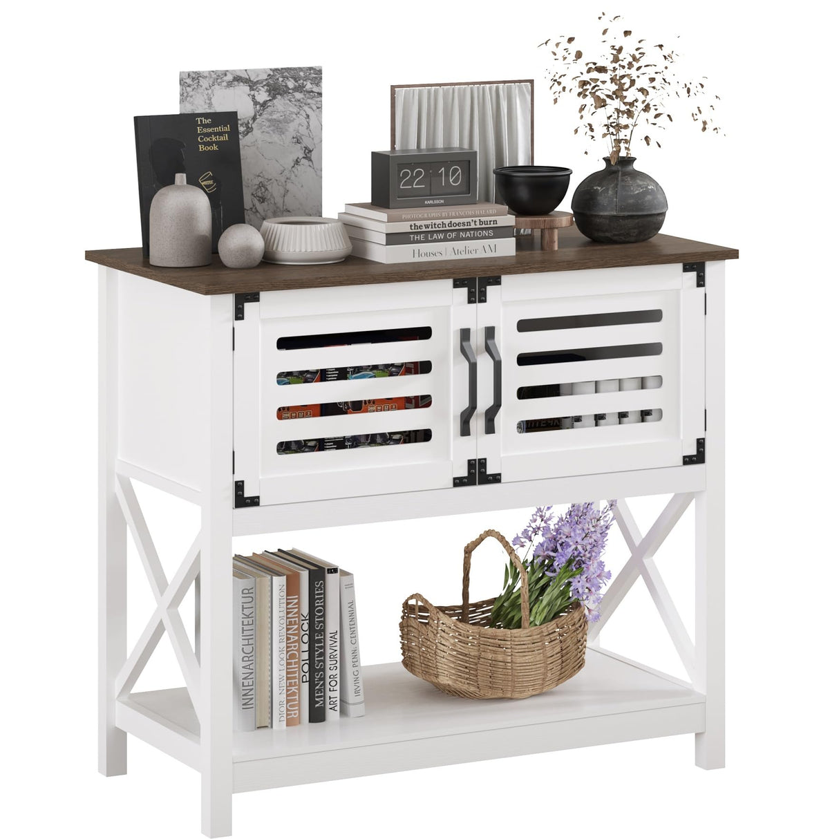 ChooChoo Farmhouse Console Table with Charging Station, 35.4 L x 17.7 D x 31.49 H Coffee Bar Cabinet with Storage, Sideboard Buffet Cabinet with Doors for Kitchen, Living Room, White ChooChoo