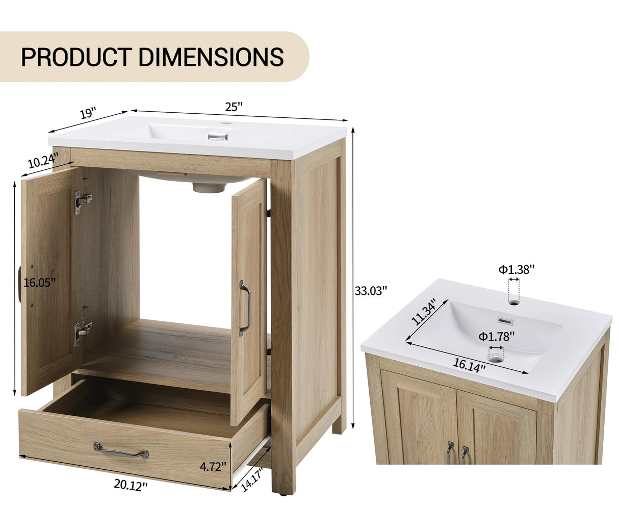 Small Bathroom Vanity with Sink, 25-inch Farmhouse Bathroom Vanity Storage Cabine with 2 Soft Closing Doors & Single Drawer, Freestanding, Natural Oak (25 inch(2 doors & 1 drawer), Light Oak) ZESTO PASSION FOR LIVE