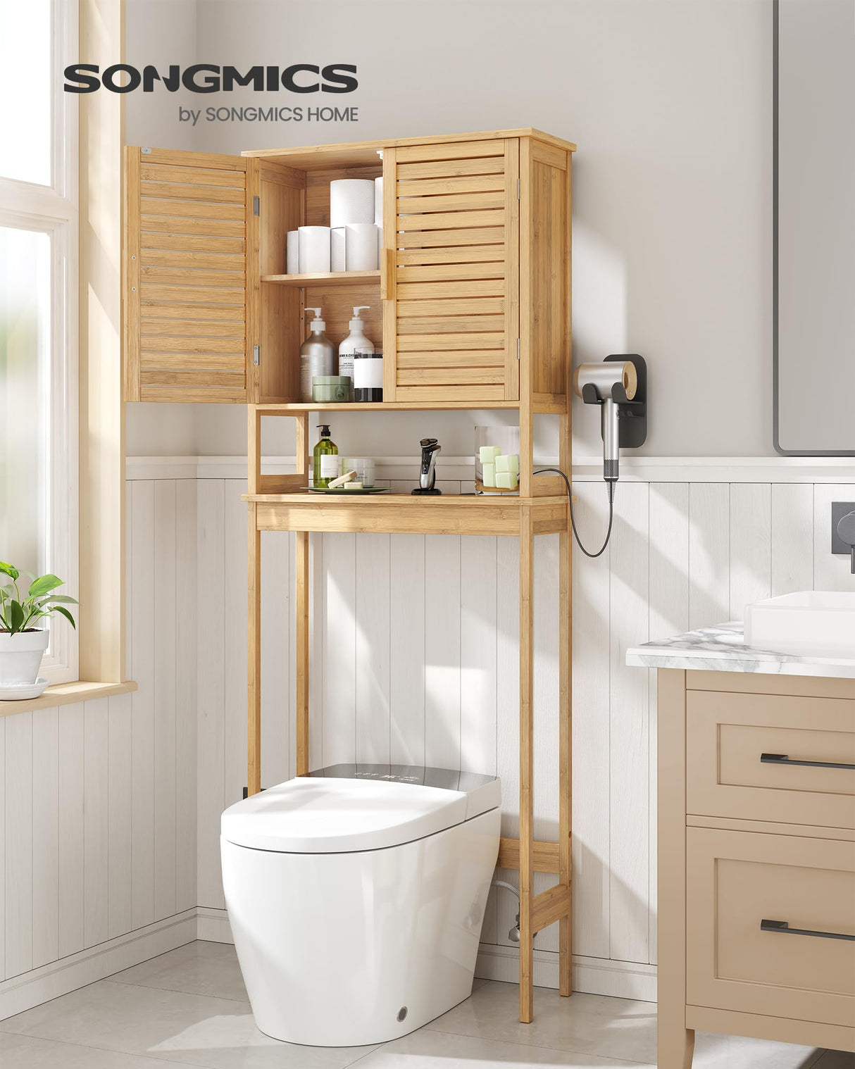 SONGMICS Over The Toilet Storage Cabinet, Bathroom Cabinet with Adjustable Inside Shelf and Bottom Stabilizer Bar, Space-Saving Toilet Rack, Cloud White UBTS010W01 SONGMICS