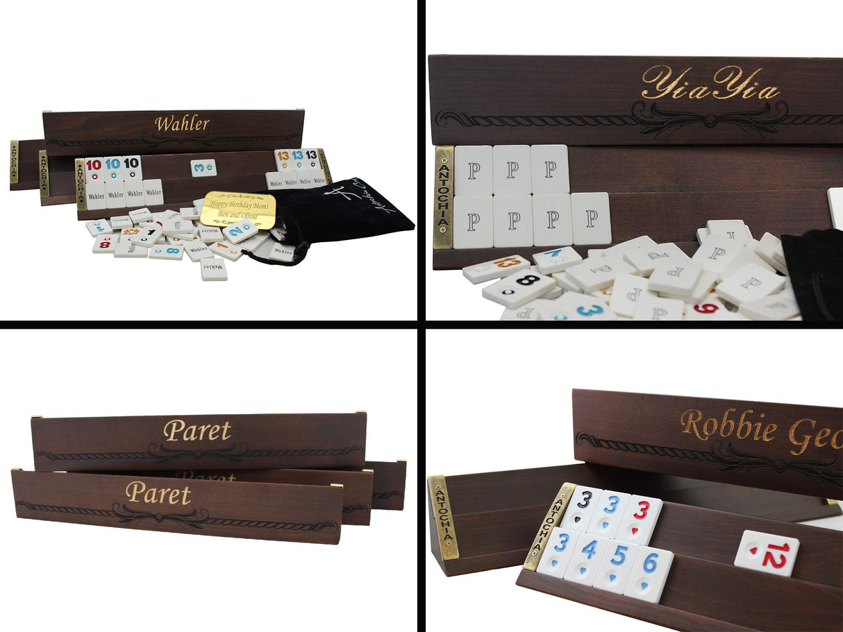 Antochia Crafts Custom Wooden Rummy Racks and Tiles - Personalized Wooden Rummy Game - Complete Set with Case Antochia Crafts