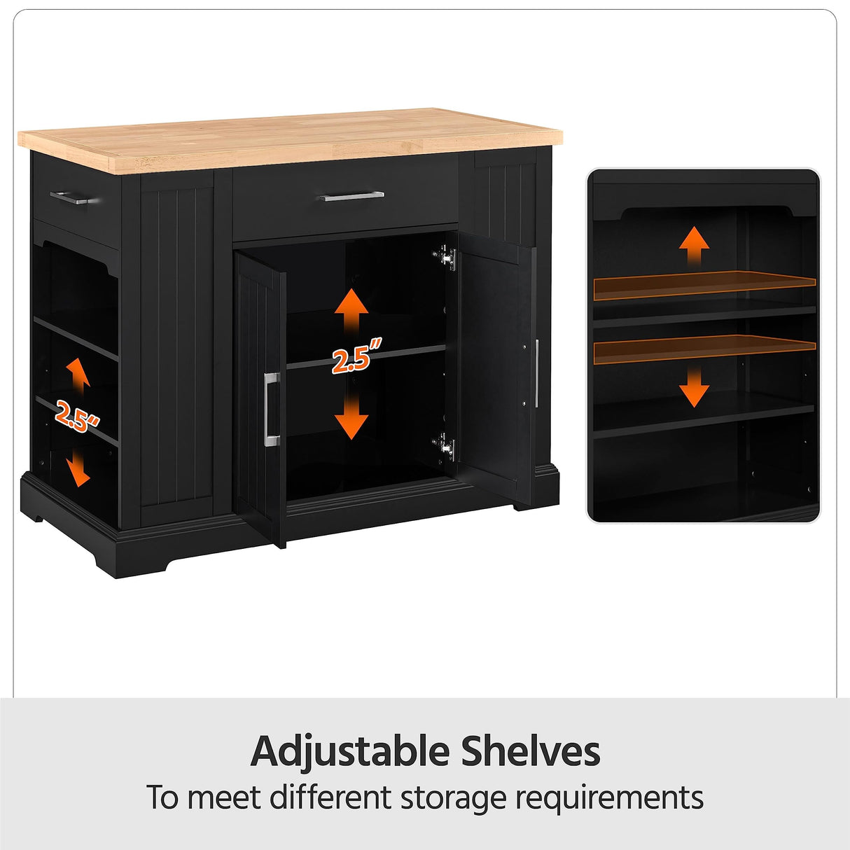 Yaheetech Kitchen Island on Hidden Wheels, Rolling Kitchen Cart with Thicker Rubberwood Top & 3 Drawers & Open Shelves, Storage Cabinet with Yaheetech