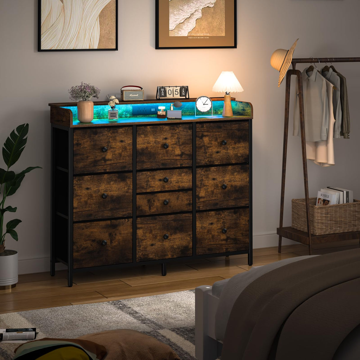 Yoobure Dresser for Bedroom with Charging Station and LED Lights, Tall Dresser TV Stand with 10 Storage Drawers,Fabric Dressers & Chests of Drawers,Wood Dresser for Bedroom Closet Organizer,Brown Yoobure
