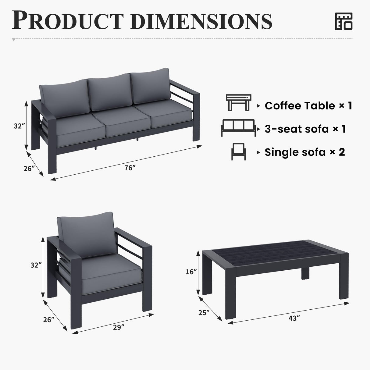 VONZOY Aluminum Patio Furniture Set, Grey Metal Outdoor Furniture Set,6 Piece Patio Furniture Set with Waterproof Covers for Backyard Garden VONZOY