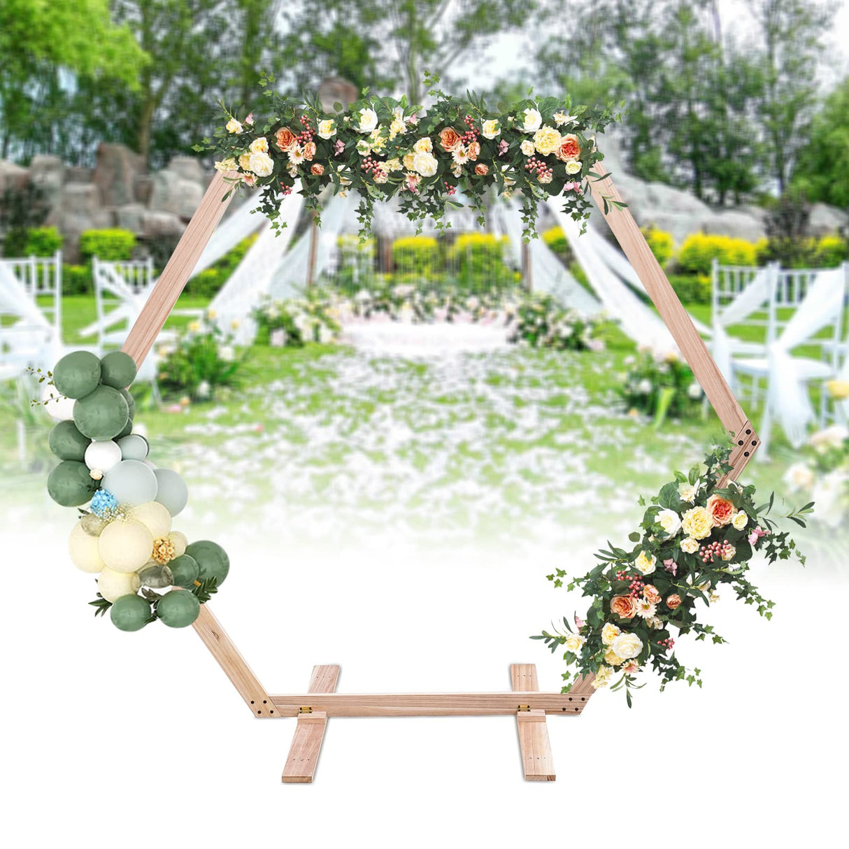 Wooden Wedding Arch for Ceremony, 2.33 * 2.25m/7.6 * 7.4ft Hexagon Backdrop Arch Stand for Wedding Ceremony Gorgeous Wedding Arbor Rustic Arch Decorations for Garden Wedding, Partie Netcoin