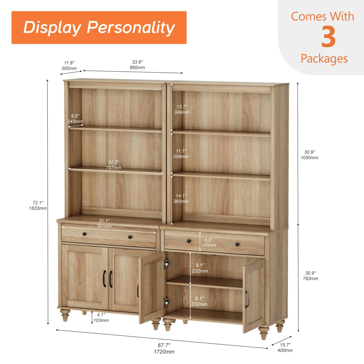 5 Tier Bookshelf 72" Tall Bookcase with Barn Doors, Large Farmhouse Display Book Shelf with 2 Drawers and Storage Cabinet, Library Wood Bookshelves for Living Room,Kitchen, Oak(2PCS) WAMPAT