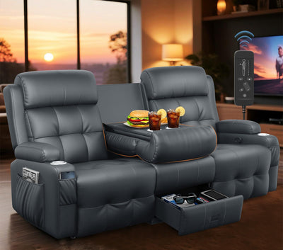 3-Seater Loveseat Recliner Sofa, Home Theater Seating Reclining Couch with Flip Middle Backrest, RV Wall Hugger Sleeper Sofa with Massage, Dawer & Cup Holders, 150° Recline for RV & Living Room