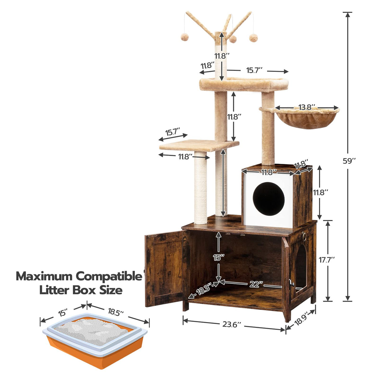 HOOBRO Cat Tree with Litter Box Enclosure for Indoor Cats, Wooden Cat Condo with Scratching Posts, Cat Litter Box Furniture Hidden, All-in-One Cat Toy with Cat House, Rustic Brown FG15MZ03 HOOBRO