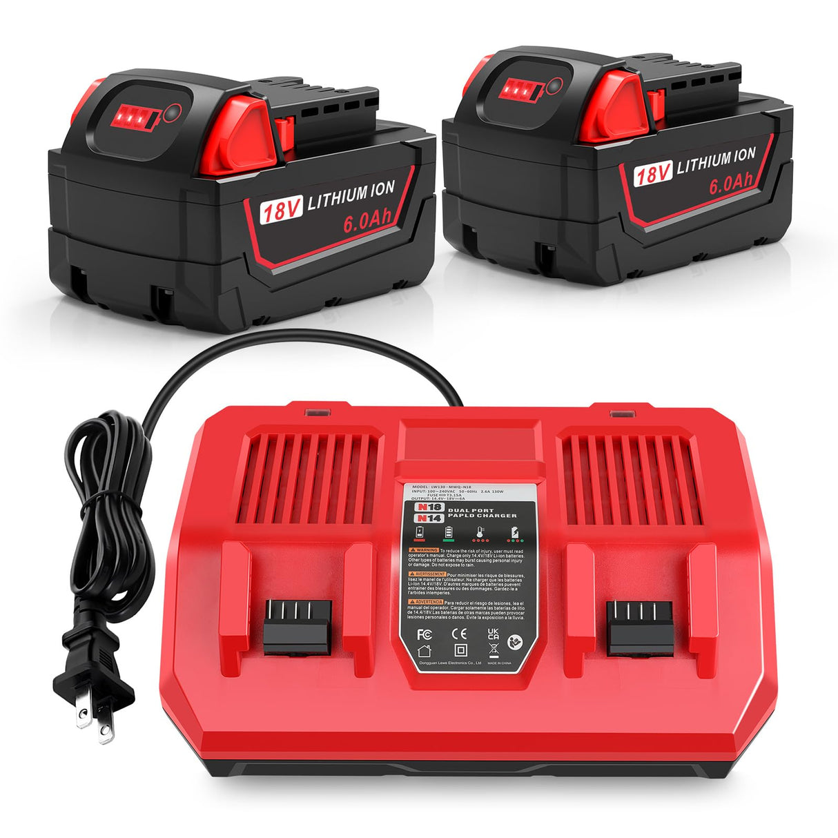 2Pcs 18V 6Ah Battery and N18-N14 18V Dual Port Charger Set for Milwaukee WK18 Tools 48-11-1850 48-11-1860 48-11-1820 48-11-1840 48-11-1830 48-11-1870 48-11-1880 Fast Charging Djsanu