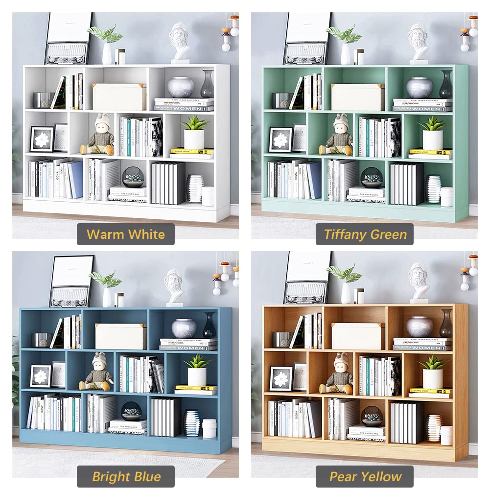 IOTXY Open Shelf Low Bookcase - Wooden 3-Tier Floor Standing Display Cabinet Organizer with Base, 10 Cubes Short Horizontal Bookshelf in Warm White IOTXY