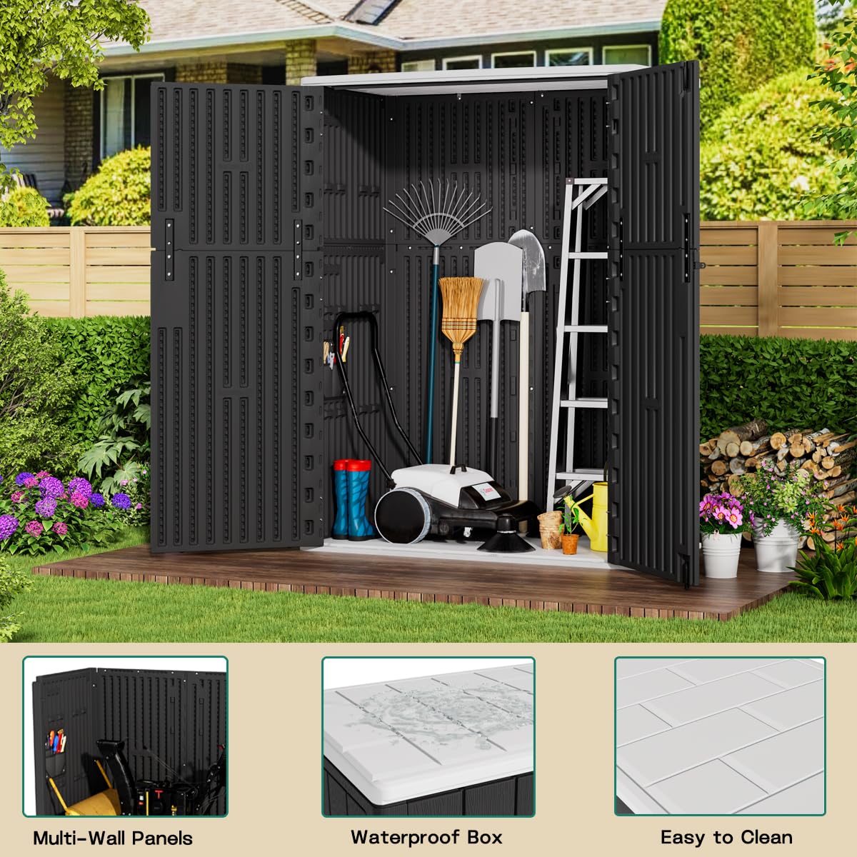 KINYING Outdoor Vertical Storage Shed,57 Cu.ft Outdoor Storage Cabinet Waterproof,Resin Sheds & Outdoor Storage Clearance for Garden,Patio,Backyard,Lockable (Black) KINYING