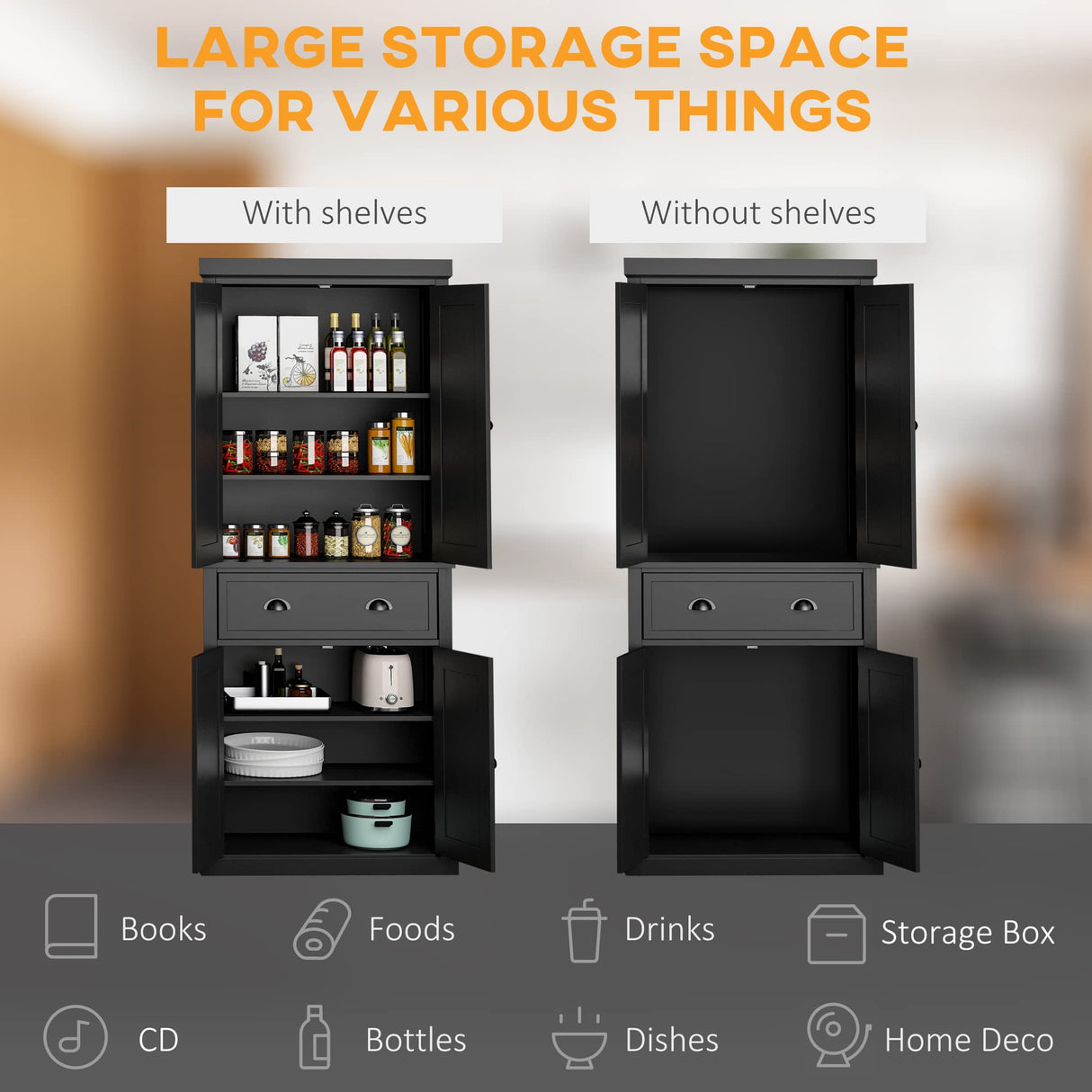 HOMCOM 72" Kitchen Pantry Cabinet, Traditional Freestanding Storage Cabinet with 4 Doors, Drawer and 3 Adjustable Shelves for Dining Room, Black HOMCOM