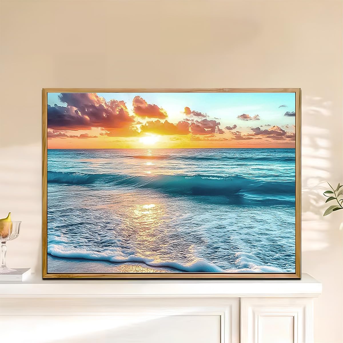 Diamond Painting Art, 30x40cm Ocean Sunset Seascape Silhouette, Round Drill DIY Craft for Adults, Calming Beach Wall Decor Amz Camel