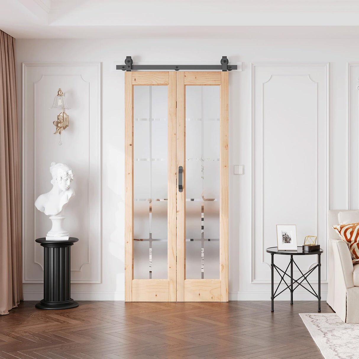 Preassembled Bifold Barn Door 36 x 84 in (Double 18x84in) with Bi-fold Door Hardware Kit, Frosted Glass Cross Transparent, Pre-Drilled Holes, Wood Door Slat, Fit 36in Opening CEAKIAN