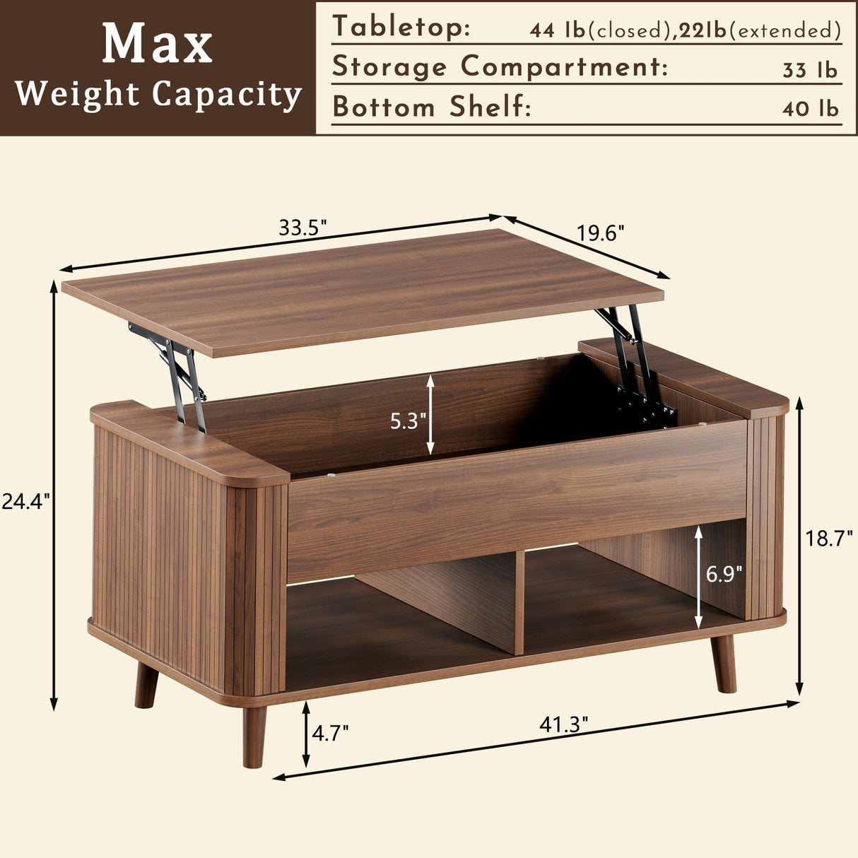 Lift Top Coffee Table with Storage, 41" Mid Century Modern Coffee Table with Fluted & Curved Profile Design, Hidden Storage Compartment, Lower Shelf Center Table for Living Room Office, Walnut HUAHUU