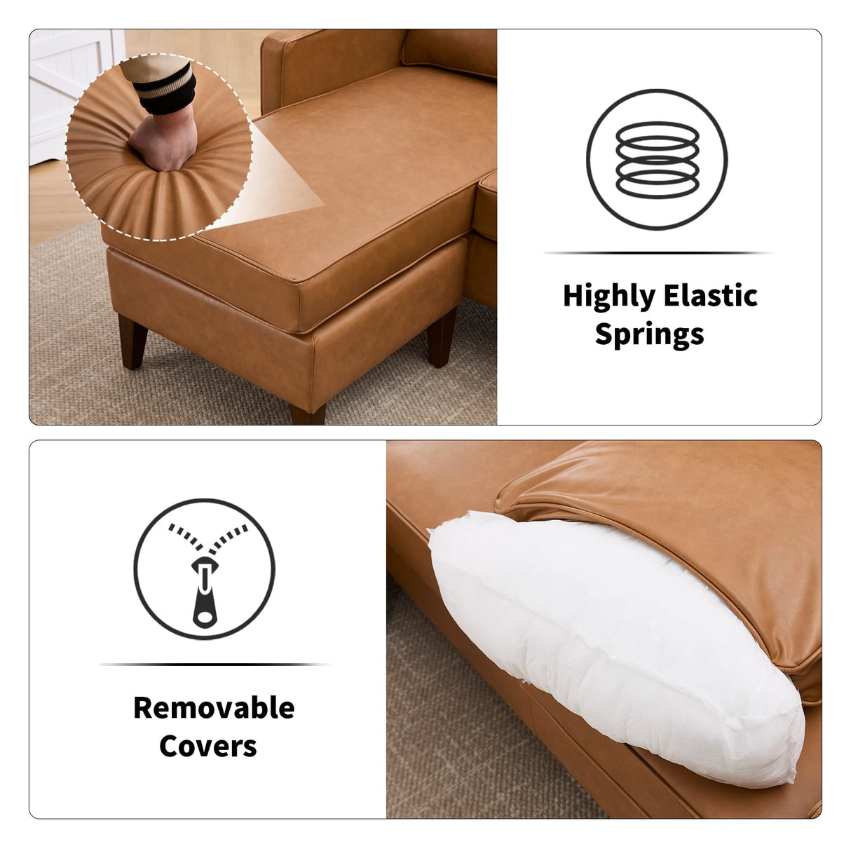 HAOMARKETS Faux Leather L Shaped Couch with Solid Wood Feet, 3-Seater Sofa with Reversible Chaise for Apartment Small Spaces, Sectional Couches for Living Room, Cognac Brown HAOMARKETS