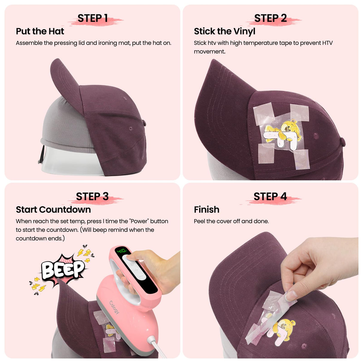 Calogy Hat Press Heat Machine for Caps, Mini Portable Hat Heat Press with Timer, Max 410℉,Precision Temp Control ±5℉, Fast & Evenly Heating Curved Plate for Vinyl Transfer, Sublimation, Iron (Pink) Calogy