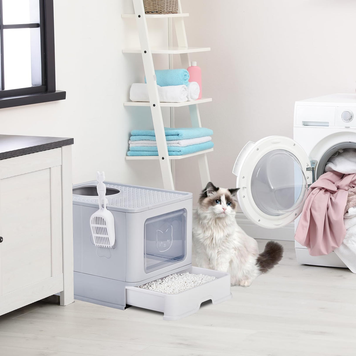 Outvita Large Cat Litter Box with Litter Mat and Scoop, Foldable Litter Box with Lid, Front Entry Top Exit Kitty Enclosed, Odor Control Easy Clean (Grey) Outvita